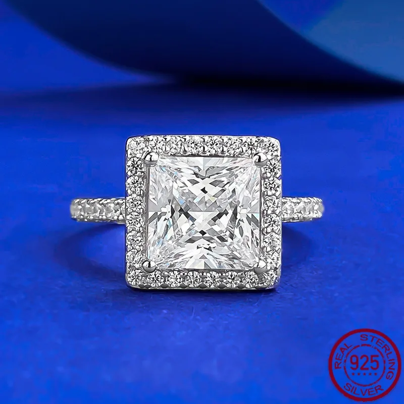 

New S925 Silver Princess Square 8 * 8mm High Carbon Diamond Ring for Women, European and American Ins Wedding Jewelry