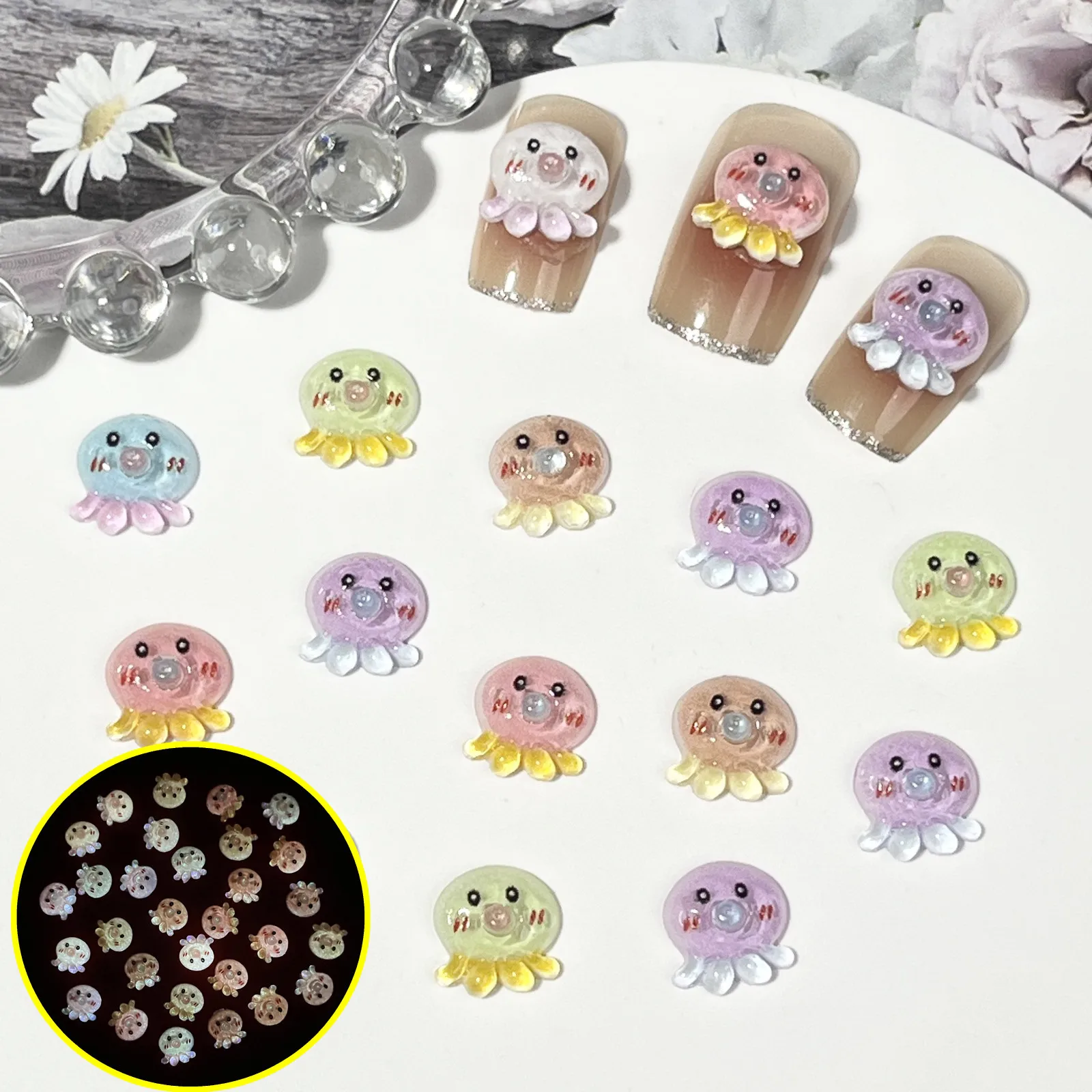 20pcs miniso luminous octopus cartoon nail charms for diy nail making cute mini resin flatback nail art decoreation