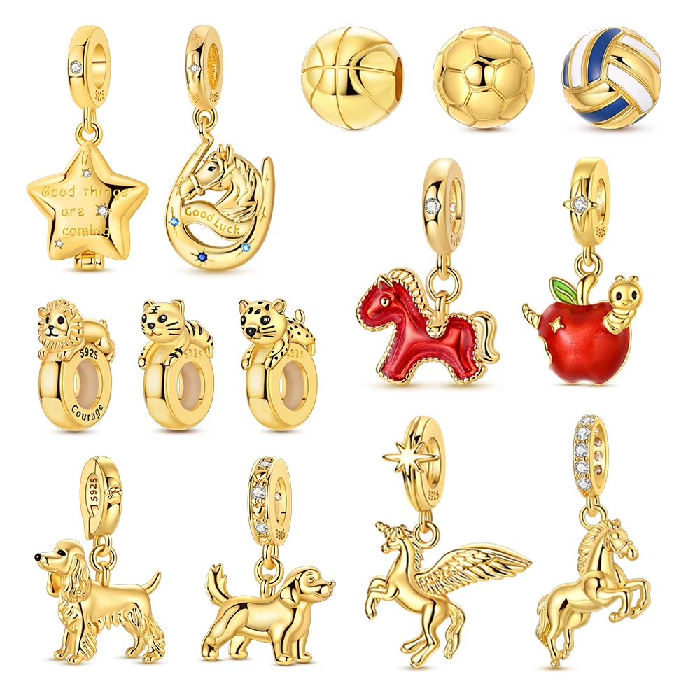 

Gold Series 925 Sterling Silver Apple Red Horse Unicorn Puppy Soccer Volleyball Star Moon Charm Fit DIY Bracelet Necklace Gifts