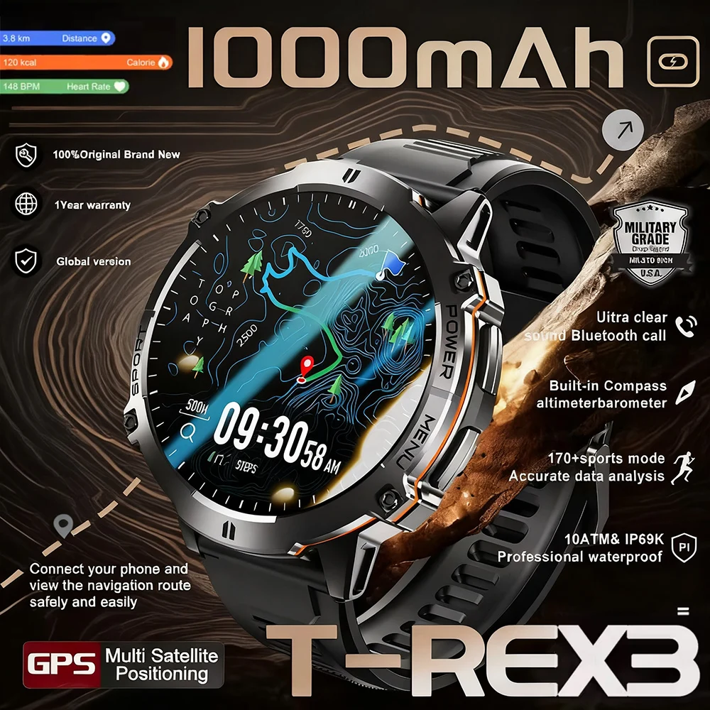 

Smart Watch T-Rex 3 Military Grade 1000mAh Battery 10ATM Waterproof GPS Compass Altimeter Call AMOLED Men Swim Sports Smartwatch
