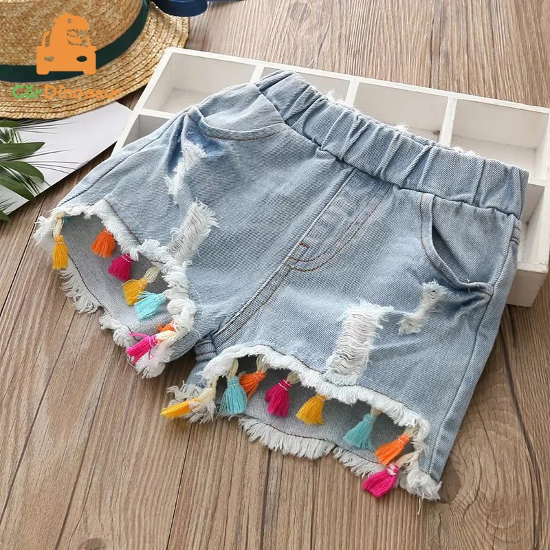 2026 Hot Summer Fashion Beauty Cute 2 3 4 5 6 8 10 12 Years Children Short Jeans Pants Tassel Hole Baby Kids Girls Denim Shorts