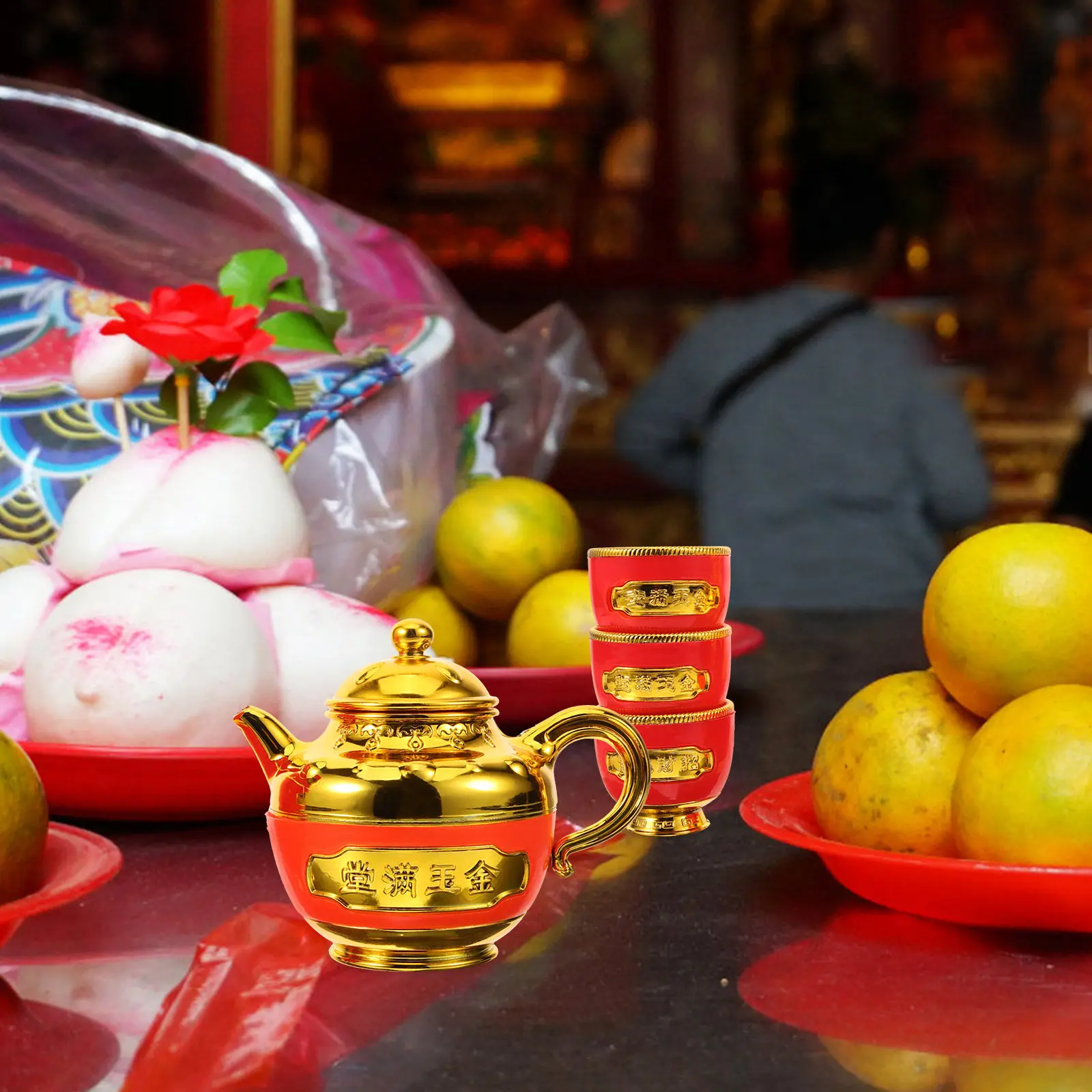 

1 set 1 Set Gold-Plated Tea Pot Cup Set Plastic Offering Cups For Buddhist Worship Home Decor Retro Holy Water Vessel Temple