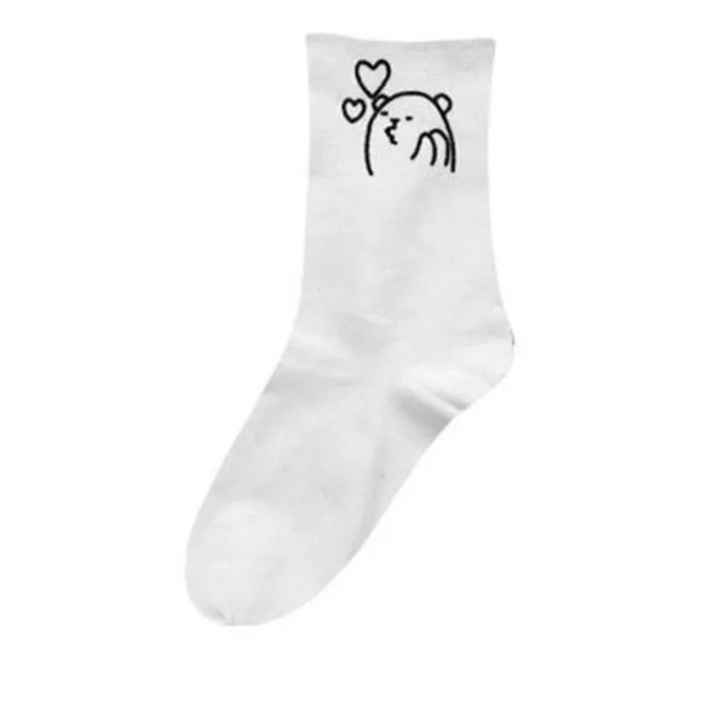 Korean Women\'s Socks Funny White Black Cartoon Bear Socks Kawaii Cute Solid Color Japanese Harajuku Trend Sock Носки Женские