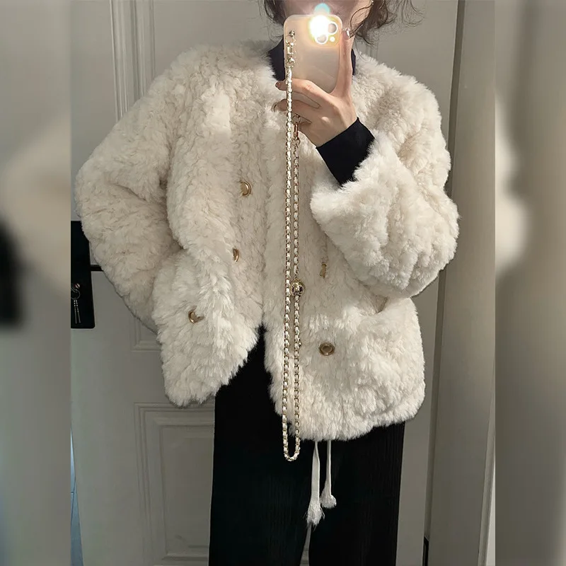 

Lamb Fleece Coat Women Fashion with Pocket Long Sleeves Lamb Wool Warm Thick Coat Ladies Korean High Street Winter Jacket Women