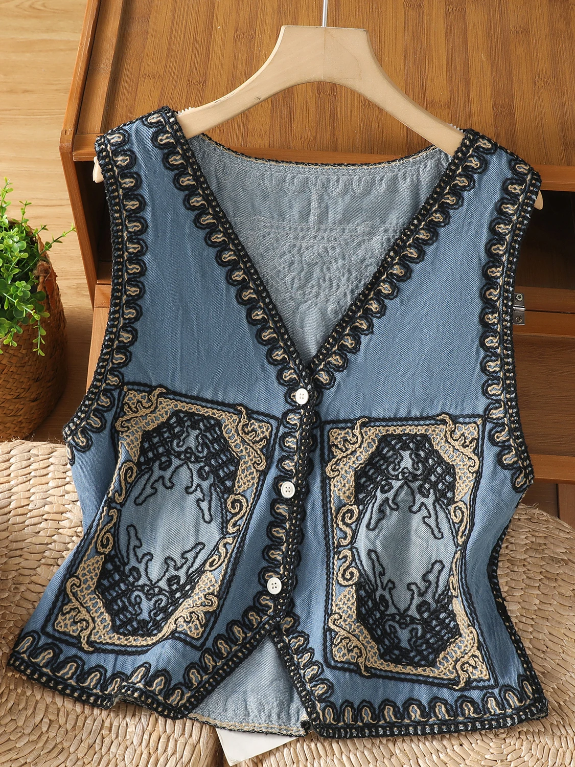 

Retro Embroidered Denim Vest Women's Summer Thin Svel Outerwear Layering oulder Pad Top Stitching Crtsmanip