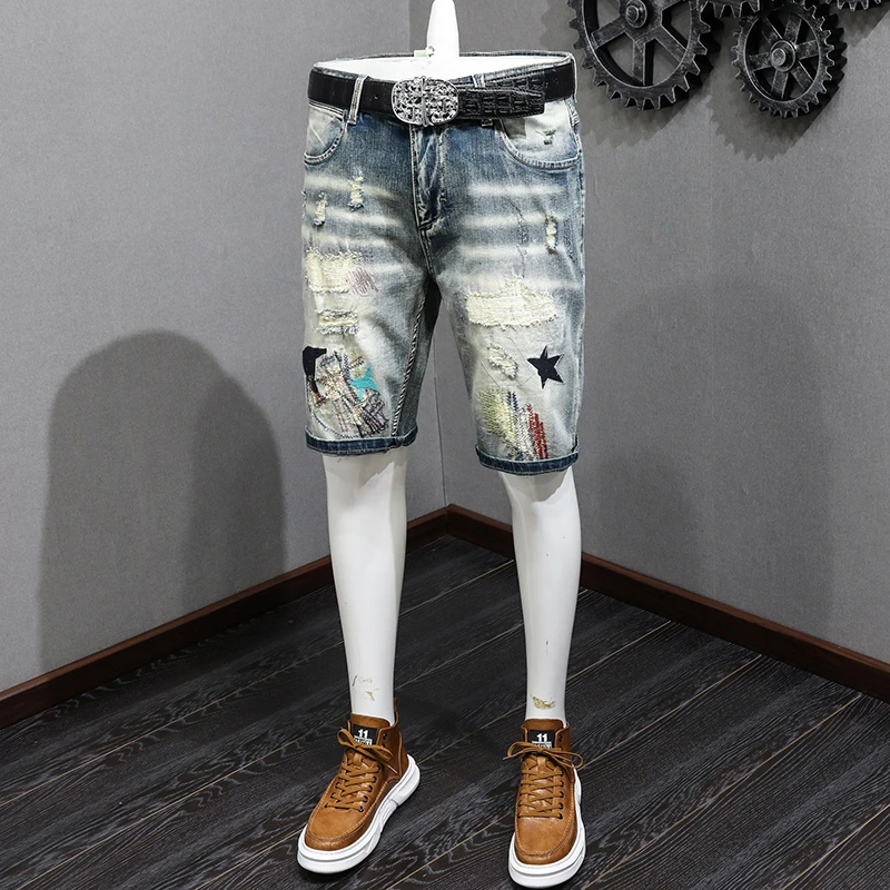 Retro Denim Shorts Men's Nostalgic Hole & Patch Fashion Individual Casual Stretch Slim Fit Summer Pirate Shorts