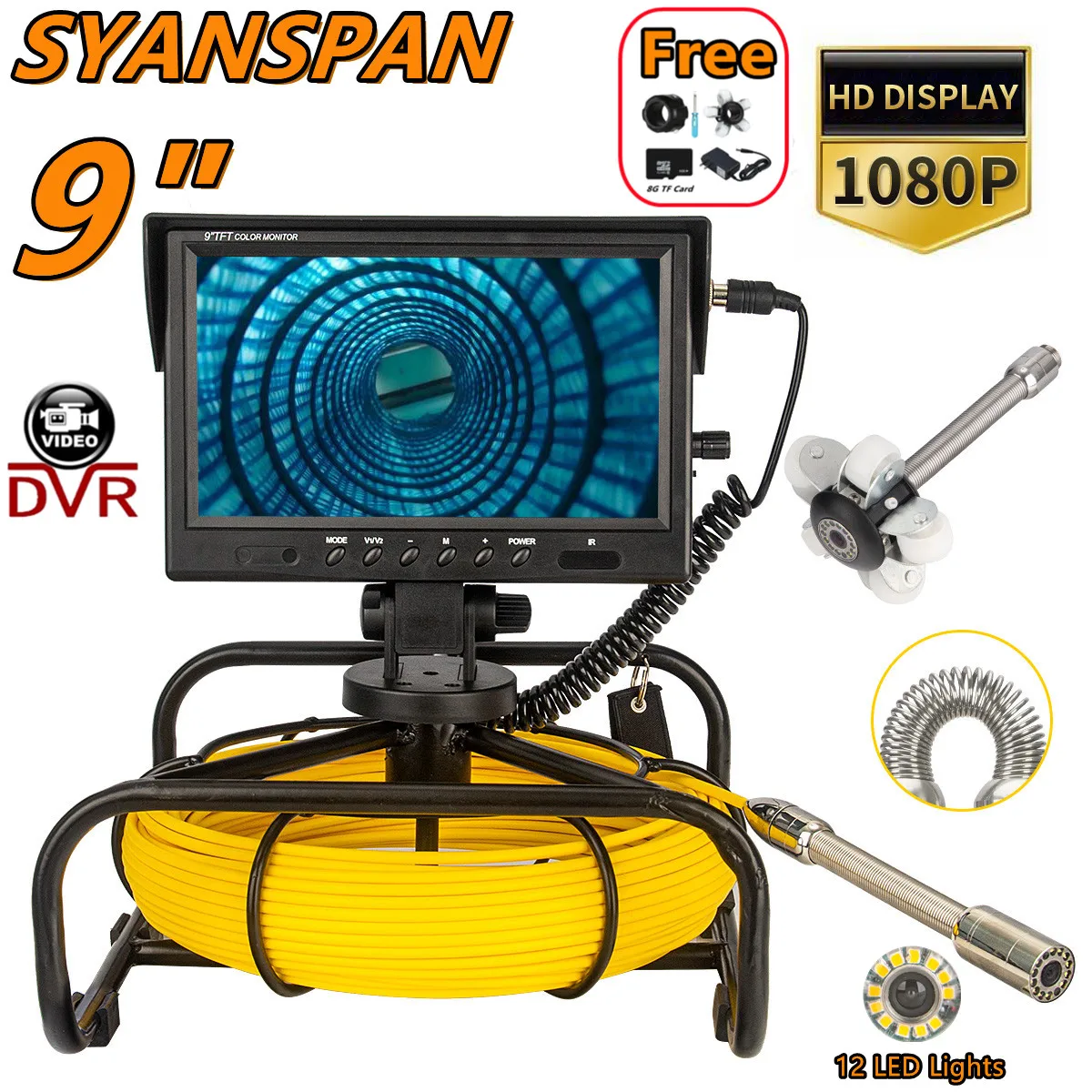 

HD Screen 9" SYANSPAN Waterproof IP68 Pipe Inspection Camera System Drain Sewer Pipeline Industrial Endoscope 5mm Dia Cable