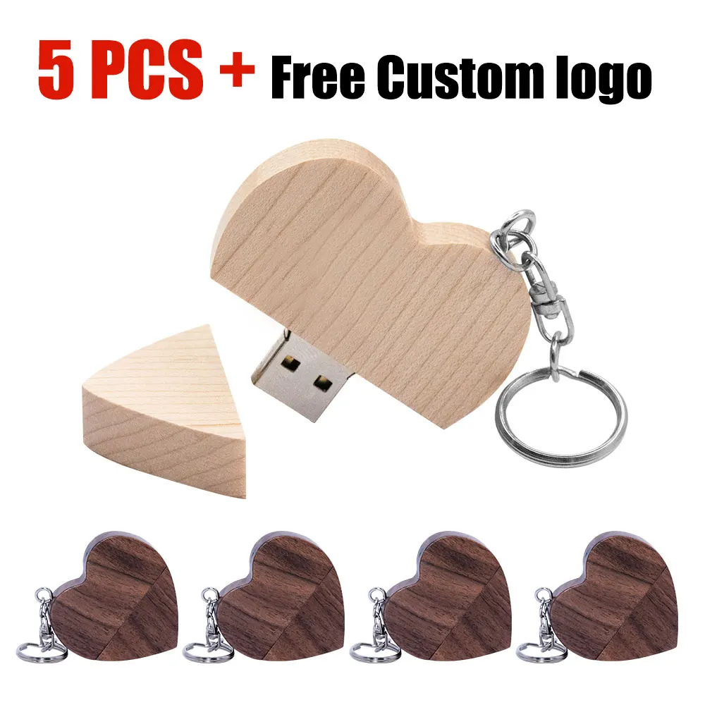 

5pcs Free Logo Wooden Heart + BOX USB Flash Drive Pendrive 64GB 32GB 16GB 8GB 128GB 4GB U Disk Photography Wedding Gifts 2.0