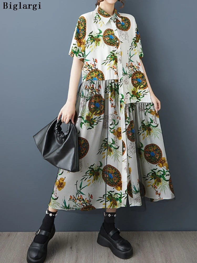 

Oversized Summer Dress Women Floral Print Modis Irregular Mesh Patchwork Ruffle Pleated Ladies Dresses Loose A-Line Woman Dress