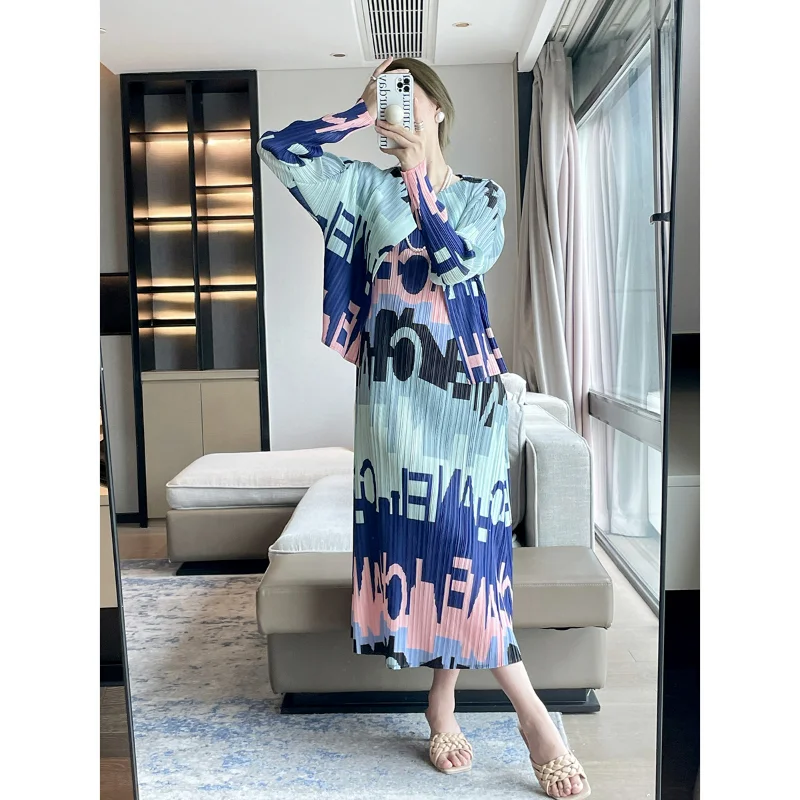 

Miyake Pleated 2024 Autumn New Fashion Print Full Sleeve Coat + Long Dress Two Piece Casual Commuter Elegant Luxury Set