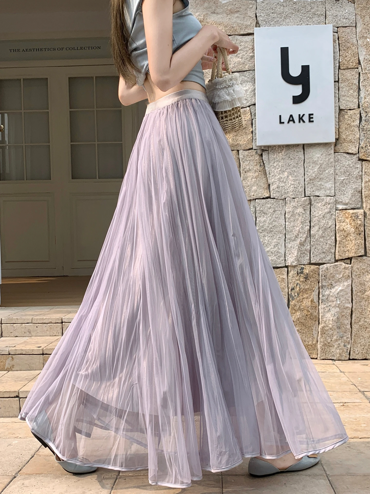 

Purple Mesh Pleated Half Skirt Women's Summer High Waist Slimming Hip Covering A-Line Long Skirt Korean Style Commute