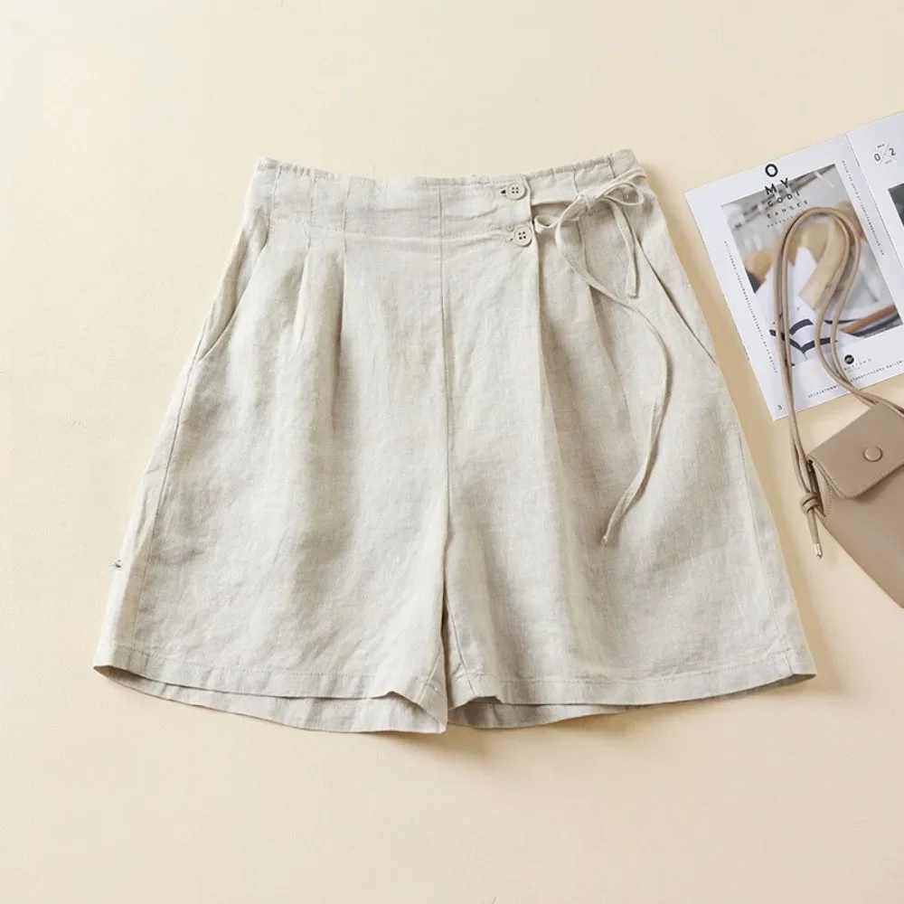 Women Vintage Cotton Linen Wide Leg Shorts Summer Loose Fit Flattering Casual Culottes Thin Breathable Five Length Pants