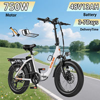 E Bike 750W Brushless Motor 48V13AH Remote Lithium Battery Foldable Electric Bike 20-Inch Tire Comuting Electric Bicycle