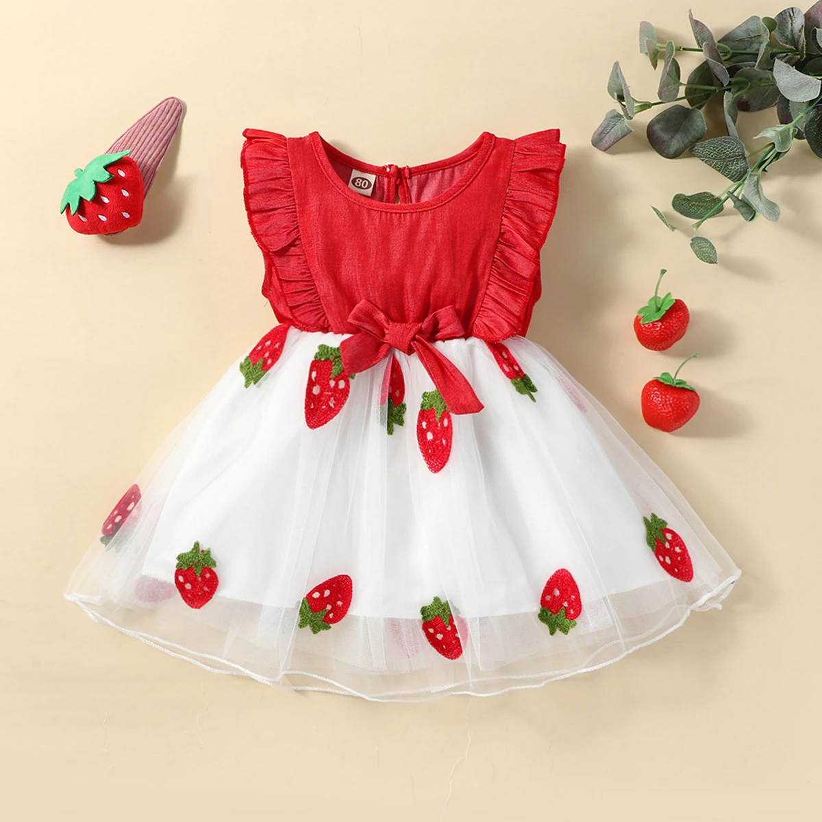 Summer baby girl red strawberry double-layer mesh casual dress, cute and refreshing dress for baby girl