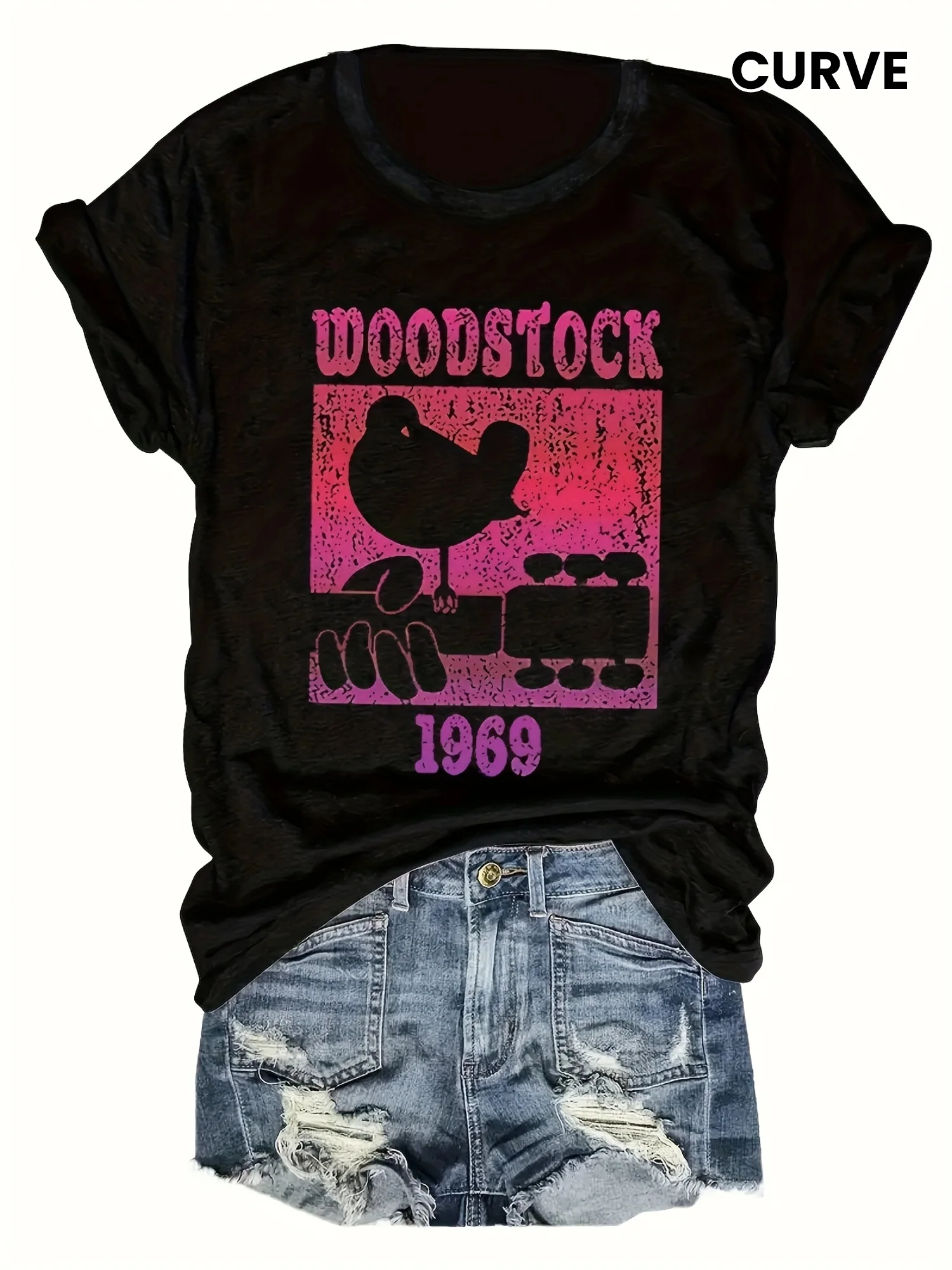 

Plus - Size Black Round Neck T - Shirt with Woodstock - themed Print: Retro - hippie and Music - iconic