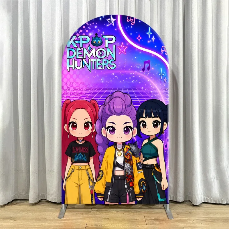Non Elastic Kpop Demon Hunters Arch Backdrop Cover Single-layer and KPOP HuntRx Theme Birthday Party Backdrop Decor for Events