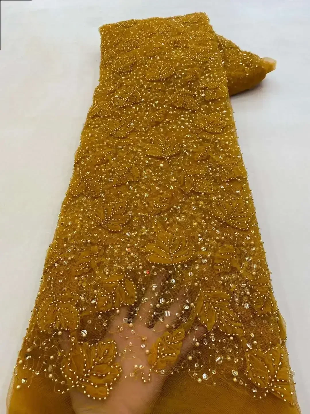 High Quality Hkg Fashion 3d Lace Fabric Latest Dubai Beaded Flower Tulle Embroidered Applique Fabric for Sewing Material