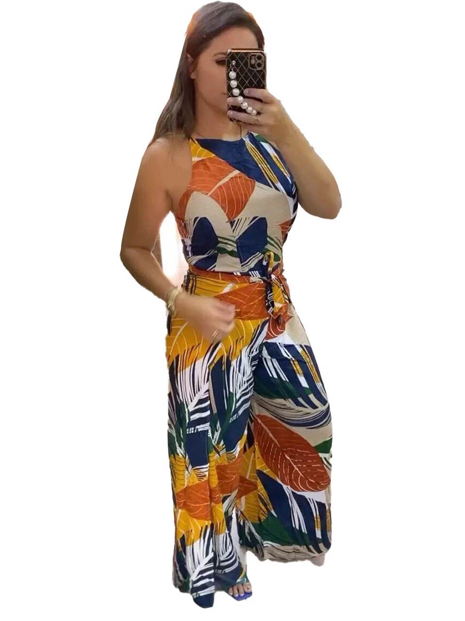 

Szkzk Multicolor Leaf Print Wide Leg Jumpsuit Waist Tie Women Sleeveless Summer Sexy Party Night Clubwear Vestido Long Jumpsuits