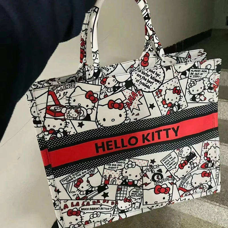 2024 New Hello Kitty Tote Bag Printed Shopping Bag 3d Large Capacity Tote Canvas Kuromi Handbag Commuter