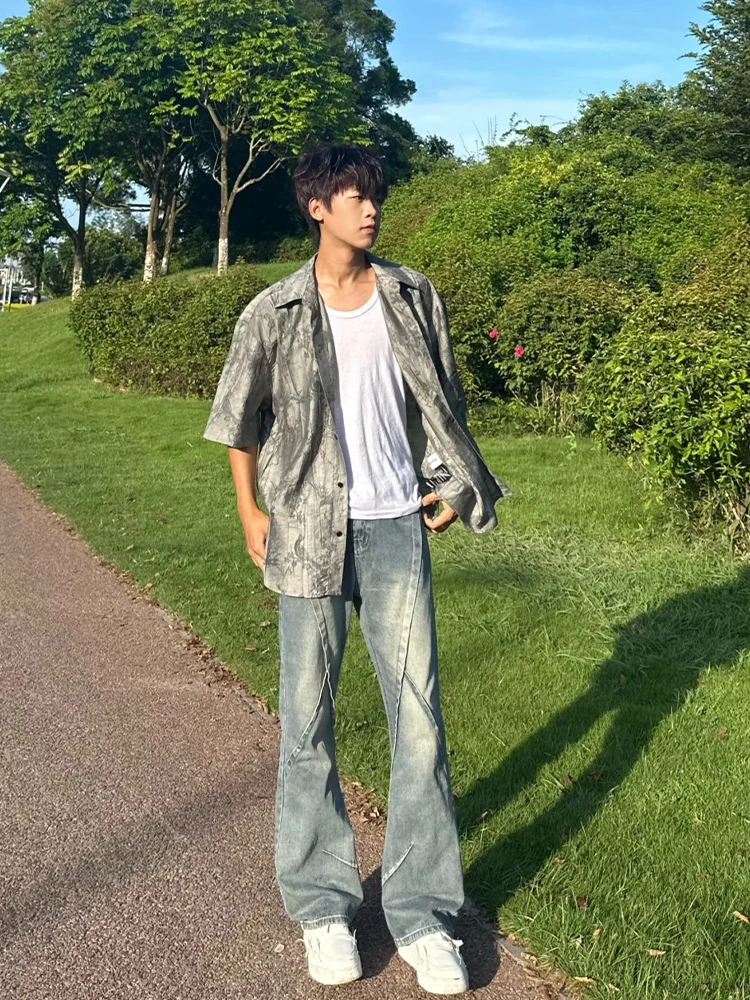 

Retro Waed Men's Denim Jeans Straight Leg Micro Flared Pants Youth Trend Cotton Polyester Blend Wear Resistant Long Trousers