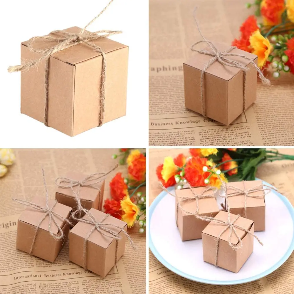 Cajas de Regalo con Cuerda de canamo Caja de Papel Kraft marron para Boda Dulces Chocolate Regalo Fiesta Suministro