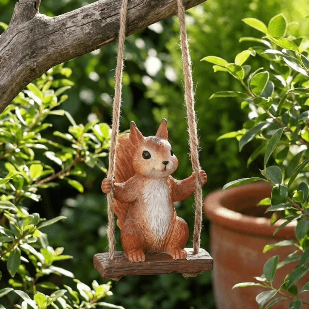 Ornament Lifelike Swinging Squirrel Statue Resin Weatherproof Squirrel on Swing Hanging Handicraft Garden Decoration Landscape