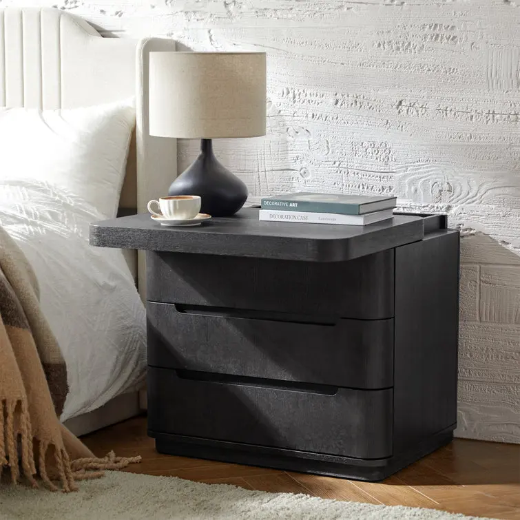 Factory Direct Modern Curved Design Large 3-Drawer Nightstand With Built-In Power Outlet And Hidden Storage Compartment