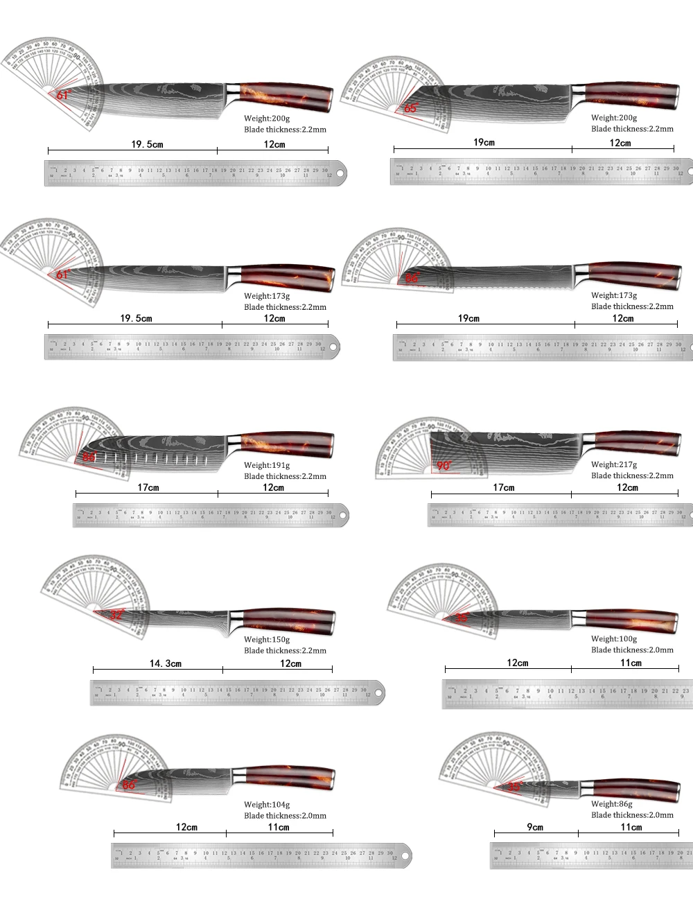 XITUO Stainless Steel Laser Damascus Kitchen Knives Set 1-10Pcs For Cooking Knives, Sharpening Stick and Knife Holder, Red Resin