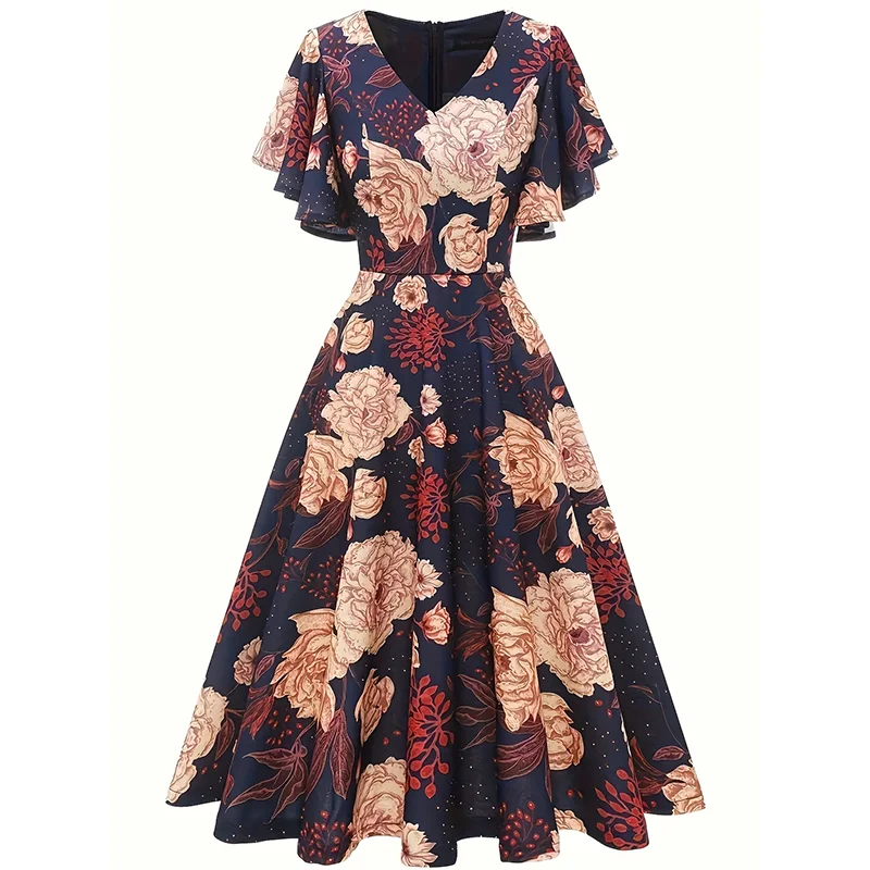 Plus Size Summer Women Maxi Dress Casual Floral Print Floating-Sleeve Dresses Retro V-Neck A-Line Dress Vestidoes Mujer