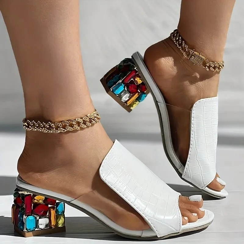 Women Crystal Sandals 2024 New Spring Summer Open Toe Sandals Square Heels Beach Fashion Sandals Women Sandalias De Mujer