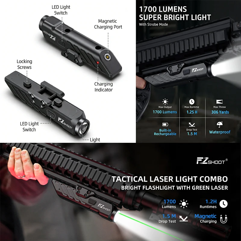 

Фонарь EZshoot 1700 люмен со светодиодом и зеленым лазером, перезаряжаемый, совместим с планками Picatinny и M-Rail, для охоты