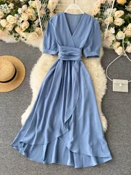 2024 New Summer Women Elegant Dress Sexy V Neck Puff Sleeve Midi Dresses Ladies Casual A-line Slim Dress Vestidos