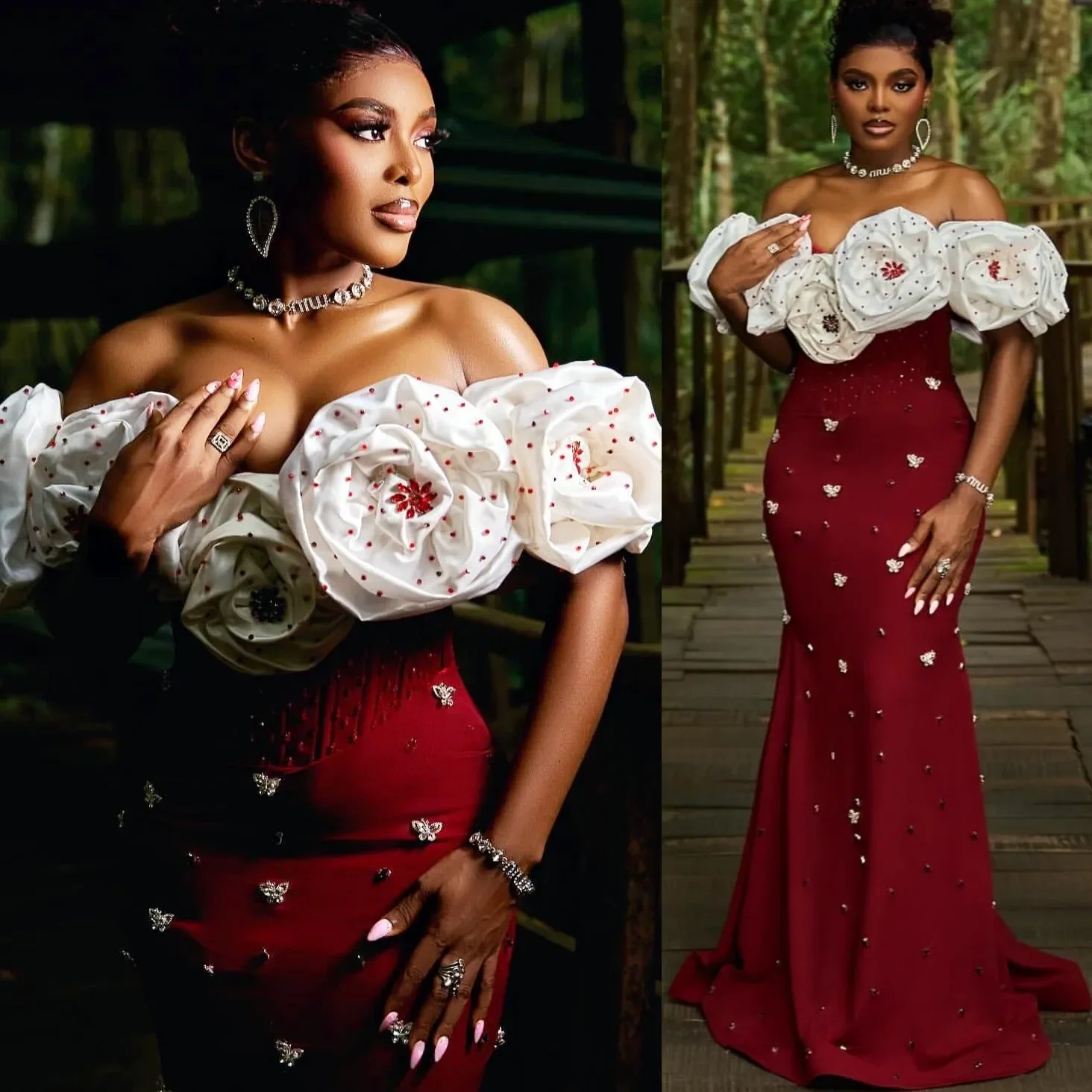 Mermaid Prom Dress Off Shoulder 3D Floral Puffy Sleeve Rhinestone Evening Dress African Black Women Party Long Dress Customized