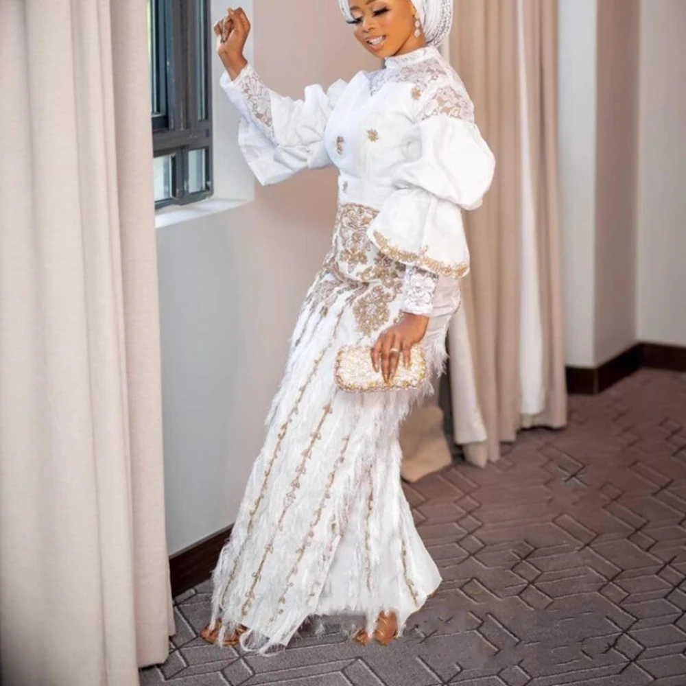 Women's African White Lace 2 Piece Outfit Gold Embroidery Puff Sleeve Blouse + Midi Skirt Set High Neck Formal Party Co-ord Sets