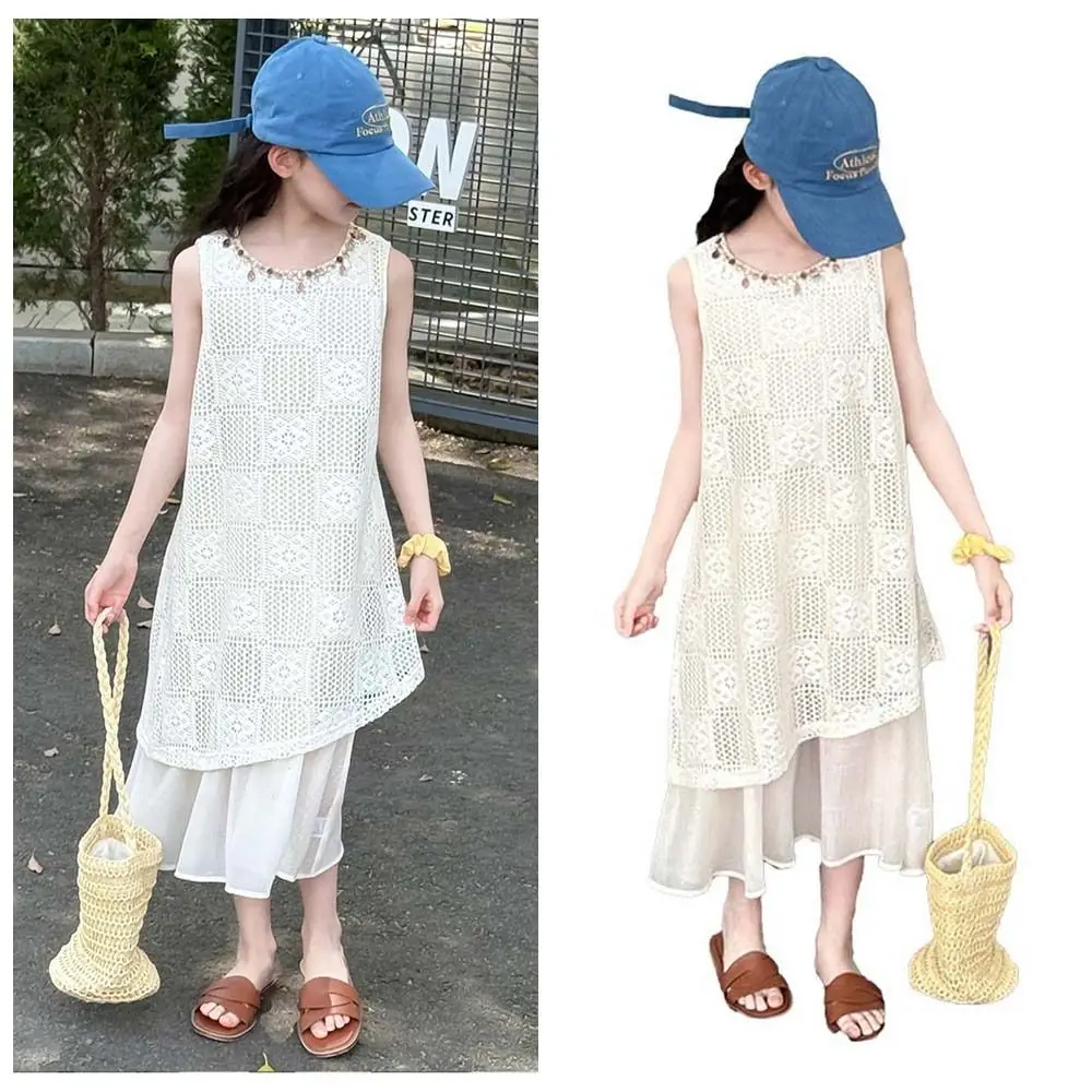 

Round Neck Kids Bohemian Shell Dress Princess Hollow Children Beach Long Skirt Casual Loose Girls Patchwork Dress Seaside