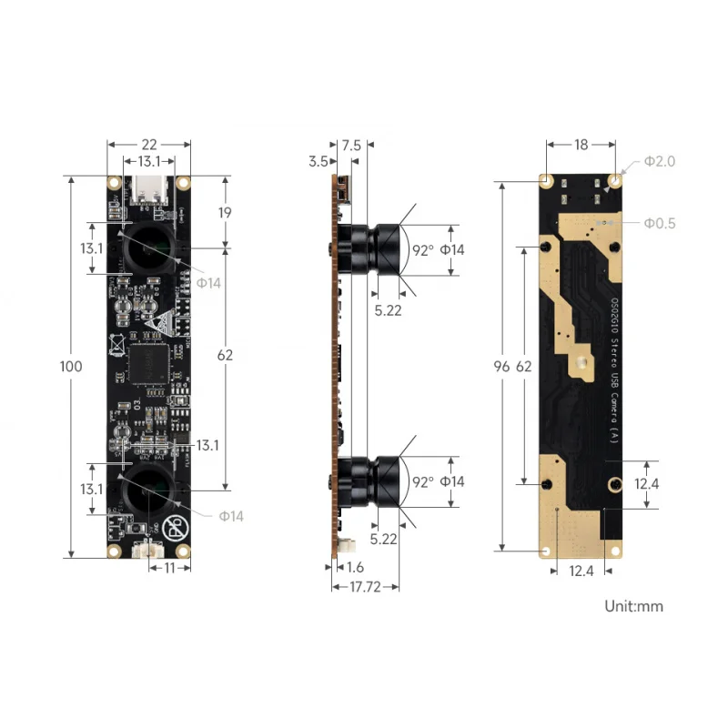 

SKU-32639 Waveshare OS02G10 2MP Stereo USB Camera Module, OS02G10 Sensor Chip, USB2.0 Port, Synchronized Same-frame Output, 62mm