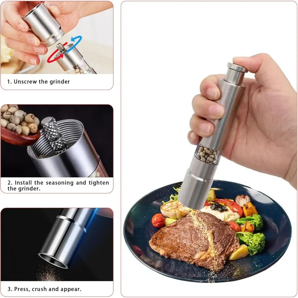 Stainless Steel Manual Spice Pepper Coarse Salt Mini Grinder Press Grinder Freshly Ground Seasoning Bottle