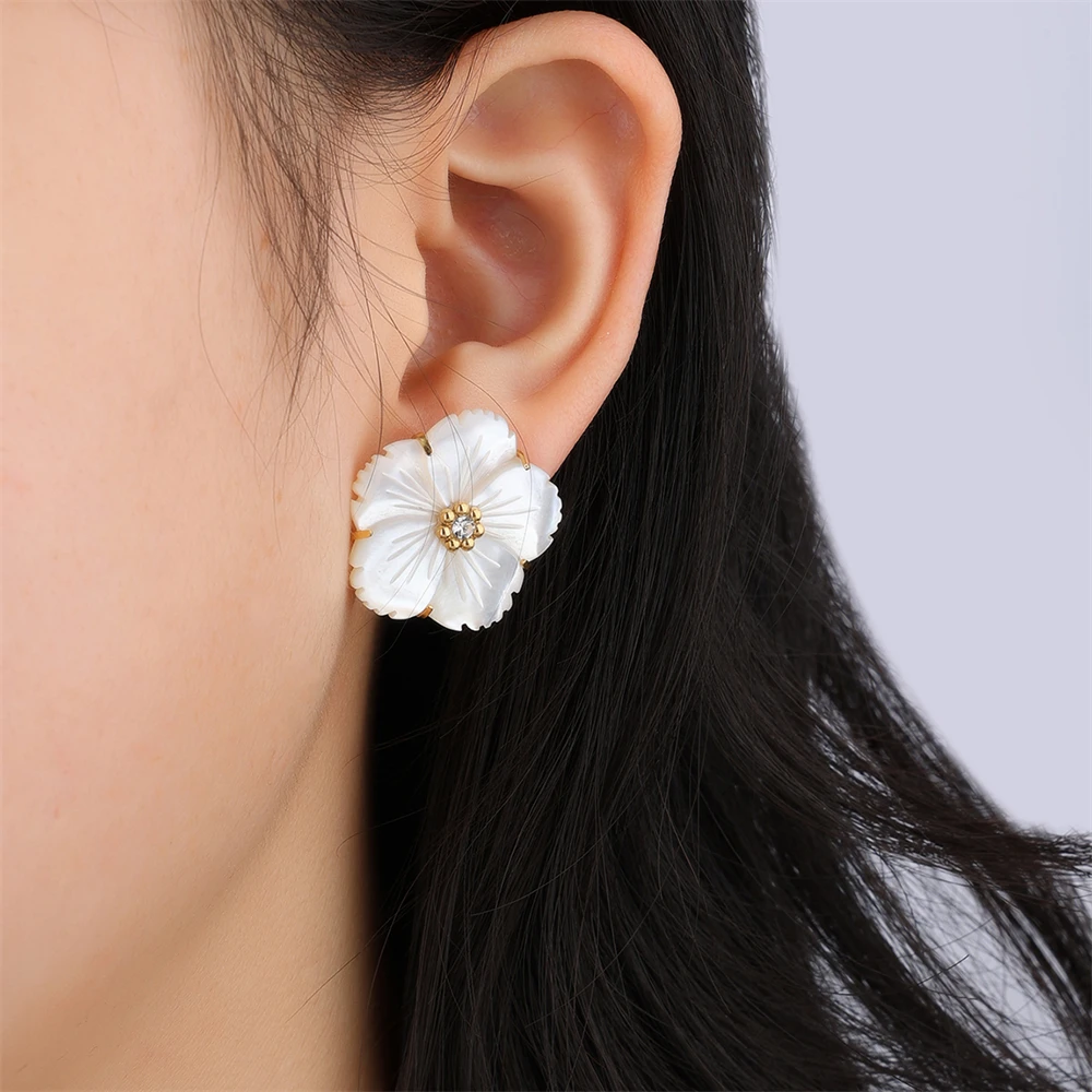 Inoxidable Stainless Steel Large Flower Shell Earrings 18K Gold Plated For Women Men Jewelry Wedding Gift