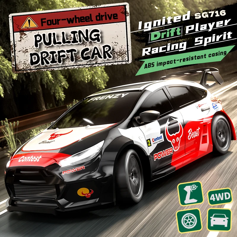 

New SG716 4WD RC Pulling Drift Car High Speed Vehicle 2.4GHz Radio One-click Drift Front Rear LED Headlight Toy for Kids Gift