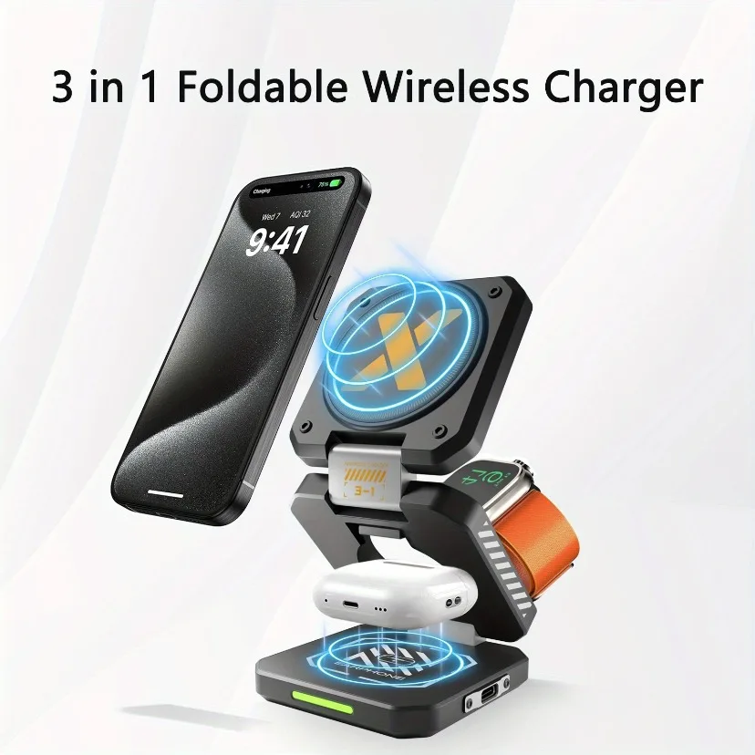 

Подставка для беспроводного зарядного устройства 3 в 1, держатель для мобильного телефона для iPhone 16, 15, 14, 13, 12, магнитная станция быстрой зарядки для iWatch 10, 9, 8