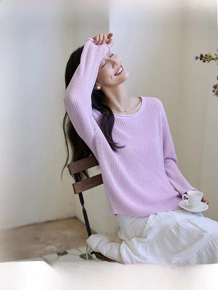 

Women's Loose round Ne Knitted Sweater Asymmetrical Hollow out Design Comfortable Fit Long Sve Mid-Length Color