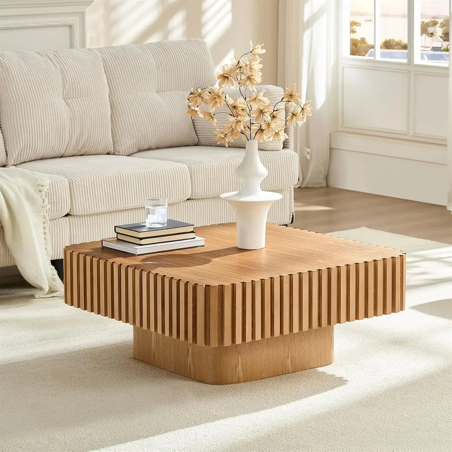 Square Coffee Table, Accent Fluted with Storage, Modern Solid Wood Veneered, 31.5''D×14''H, Natural
