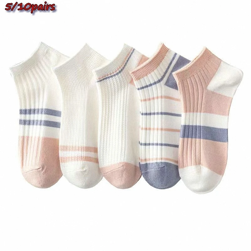 Meias femininas de tubo curto, meias casuais de algodão que combina com tudo, meias respiráveis para estudantes, verão, novas, 5 pares, 10 pares