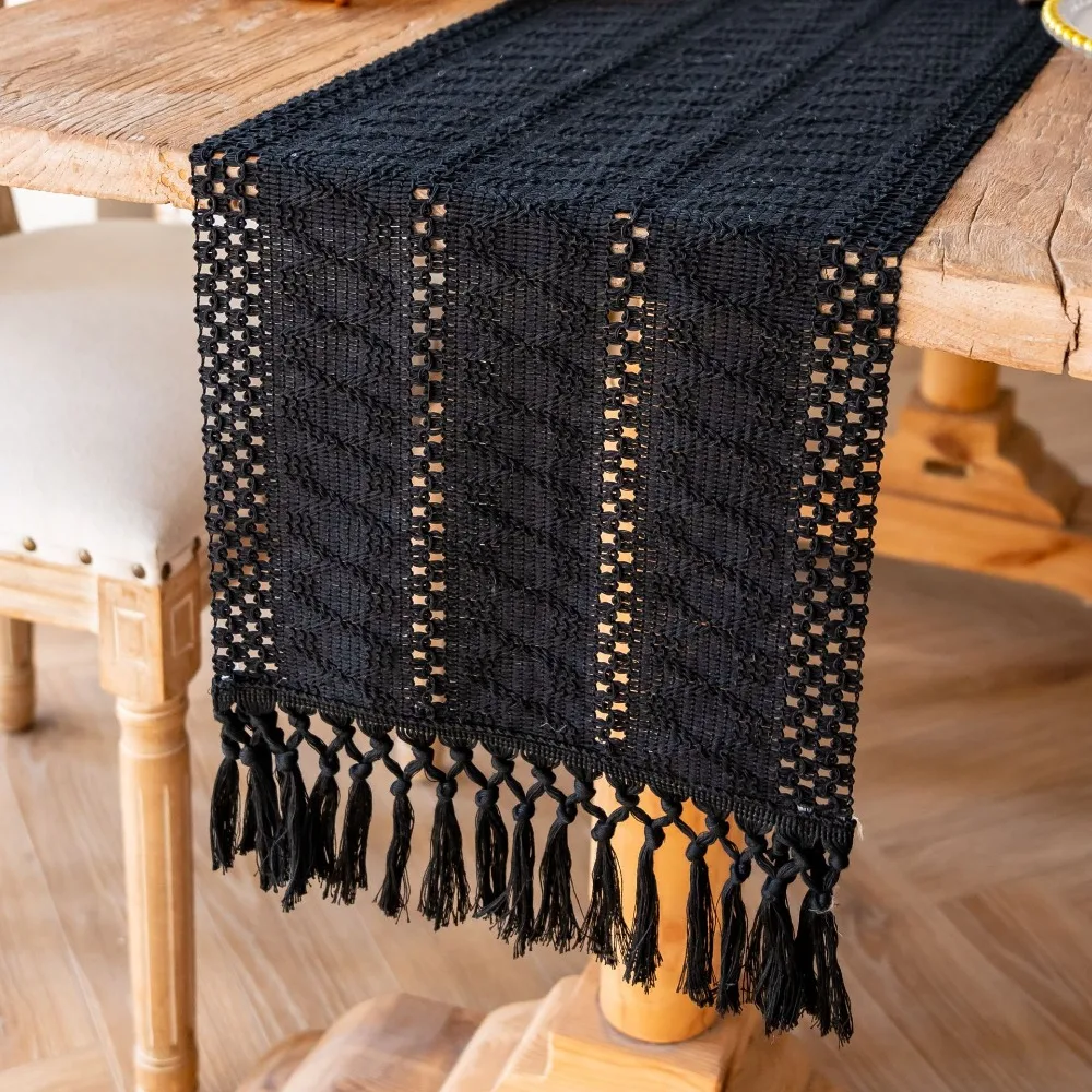 

American Style Cotton and Linen Table Runner Solid Color Rectangular Festival Dining Table Cover Rustic with Tassel Tablecloth