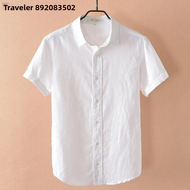 

Men's Casual Linen Shirt Short Sleeve Thin Cotton Linen Blend Summer Breathable Shirt Youth Style Casual Wear White