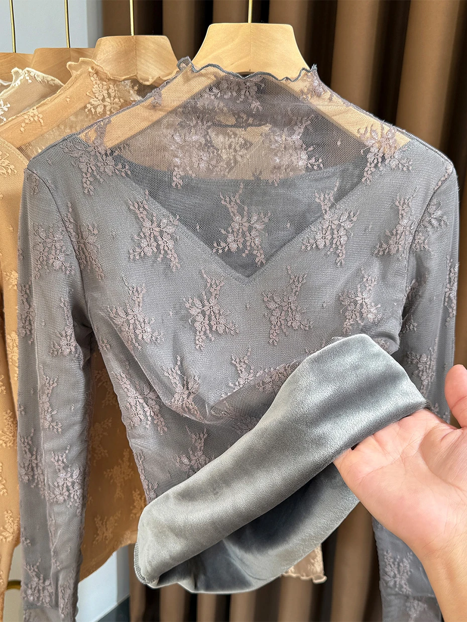 

Women's Fleece Lined Lace Base Shirt Half High Collar Layering Warm Autumn Winter Inner Wear Floral Pattern Elegant Style