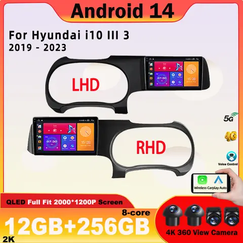 현대 i10 III 3 2019 2023 LHD RHD 라디오 카플레이 플레이어, GPS 네비게이션 멀티미디어, 안드로이드 14, 안드로이드 자동 와이파이, 2Din 4G