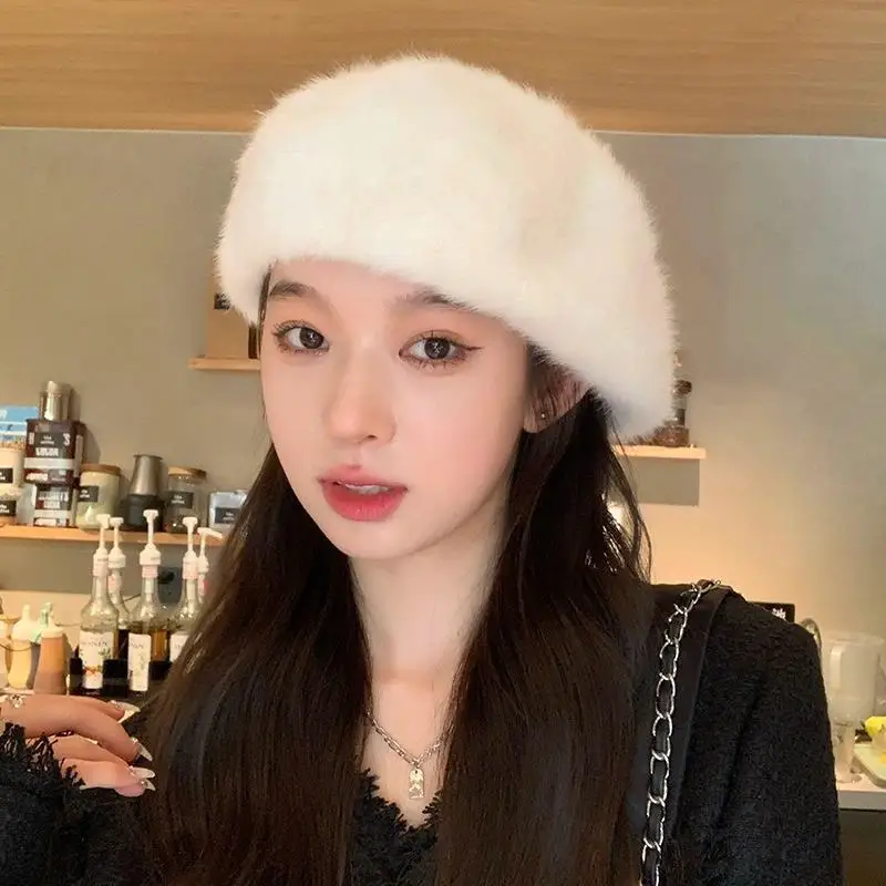 

New Plush Berets for Women Winter hat Soft Fluffy warm Artist Painter Hat Mink Fur Outdoor Windproof Beret Female Octagonal Cap