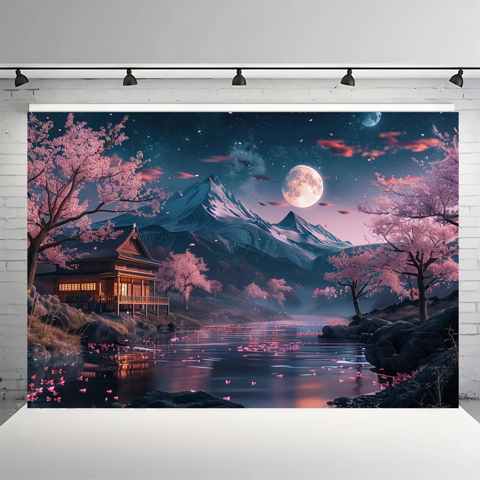 Cherry blossom Japanese landscape with moonlight night view of mountains and rivers Polyester banner multi-purpose decoration