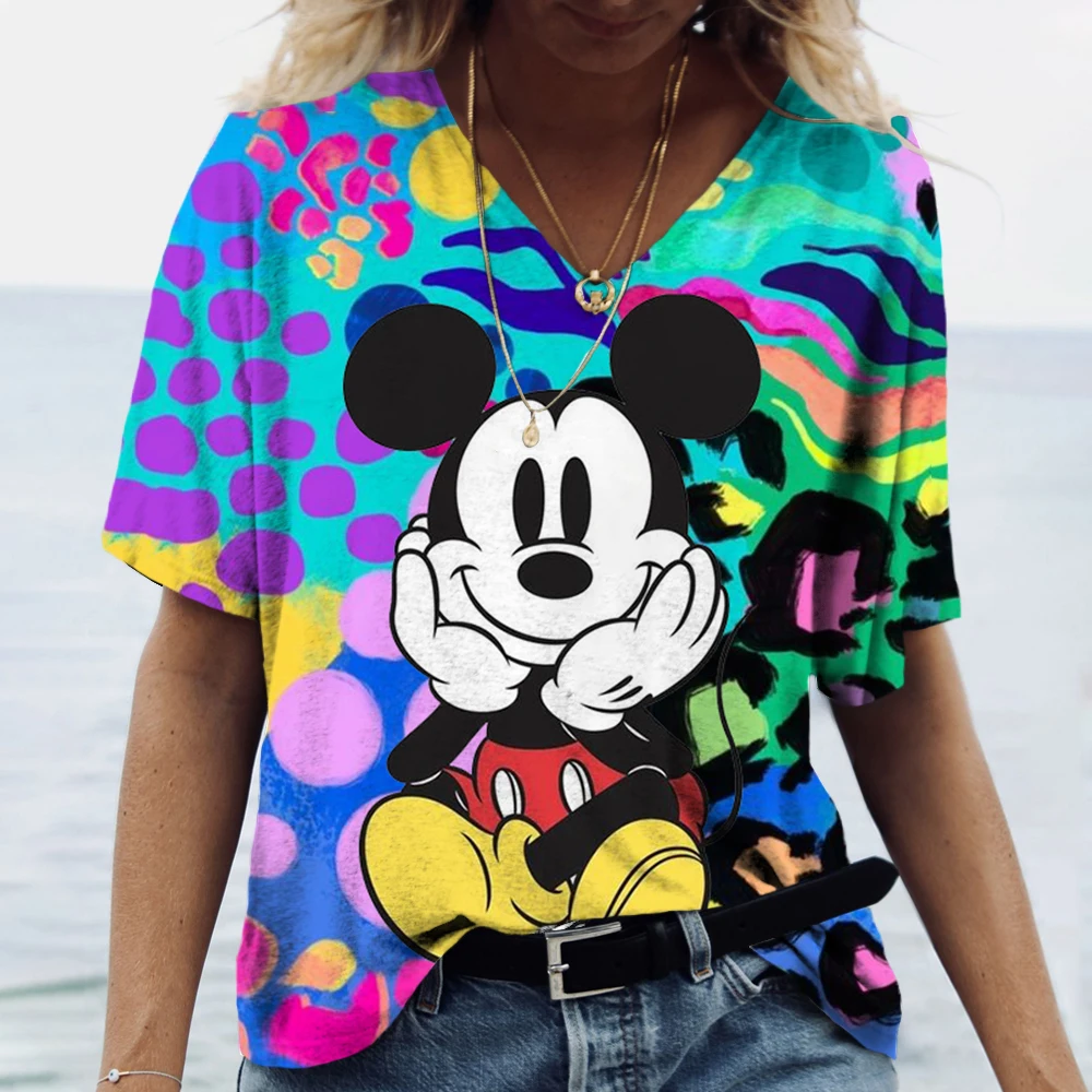 2024 Plus Size Spring/Summer New Mickey Mouse Print Casual Fashion Women\'s V-Neck Short-Sleeved Loose T-Shirt 3XL